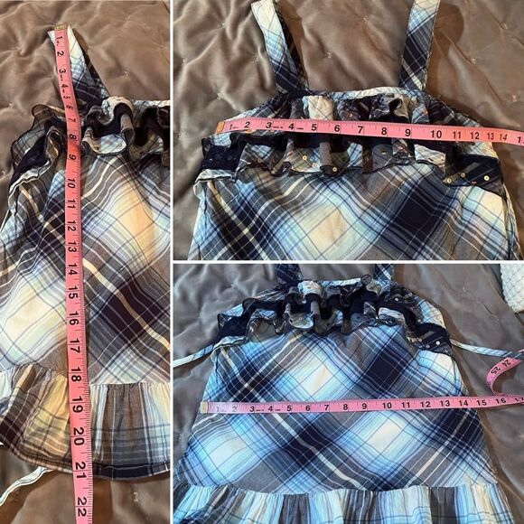 Justice Sequin Ruffle Blue Plaid Tank Top Silver Theead Trim Girls 12 - Picture 9 of 9